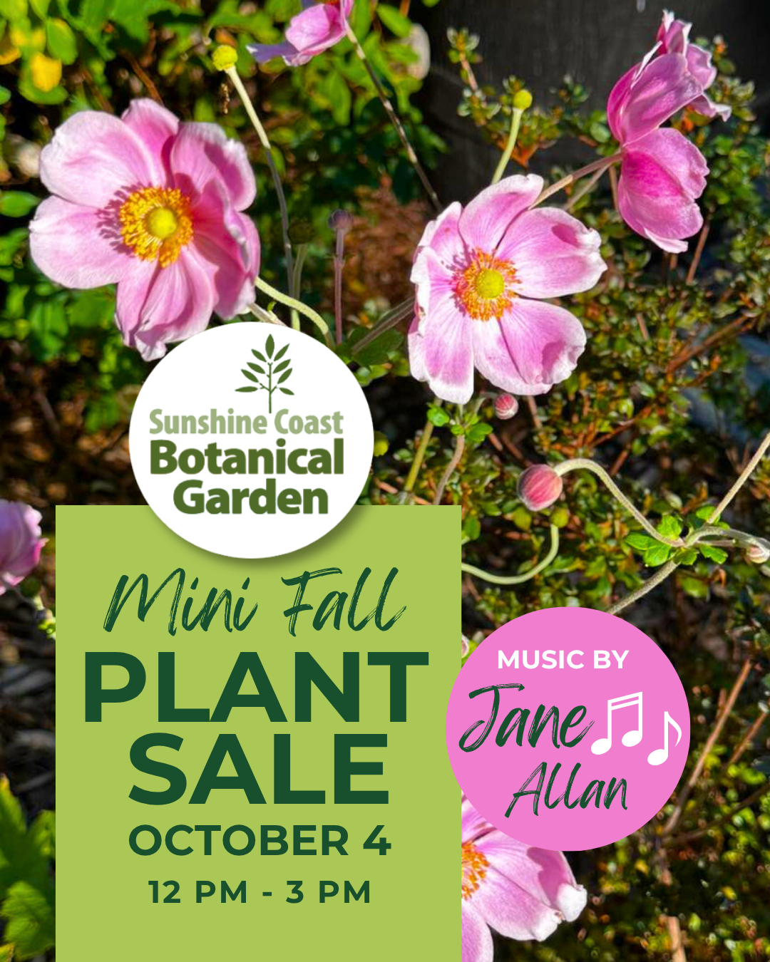 A poster with green background. Sunshine Coast Botanical Garden logo between 'Kiss' and 'Fist' in white script font. "ASL & PLANTS & FRUITS -oh my!" SATURDAY, JUNE 21, 2025 I 11 M 1 PM AN INVITATION FOR THE SUNSHINE COAST 2SLGBTQIA+ COMMUNITY. Learn ASL signs for: Queer Identity, Fruits & Plants, plus phrases that will come in handy at the Fruit Bowl Pride Dance! Register your spot (QR Code) Logo illustration of a smiling man with black hair and black beard. Amar Mangat @SignWithAmar. PRIDE Flag.