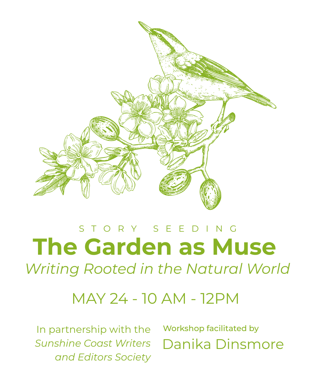 A poster which reads Sunshine Coast Botanical Garden Plant Sale May 10, 2026 10:00 AM - 1:00 pm, 5941 Mason Road, Sechelt